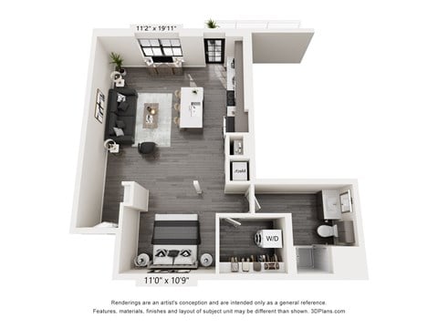 Floor plan for 1 bed, 1 bath, 760 sqft